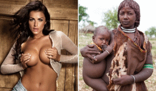 sexy Frau mit runden Brüsten und eine etiopische Mutter mit stillendem Kind auf dem Arm